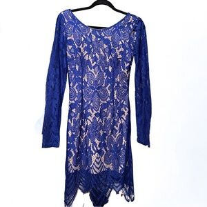 Charlotte Russe Blue Tan Sheath Dress Long Sleeve Open Back